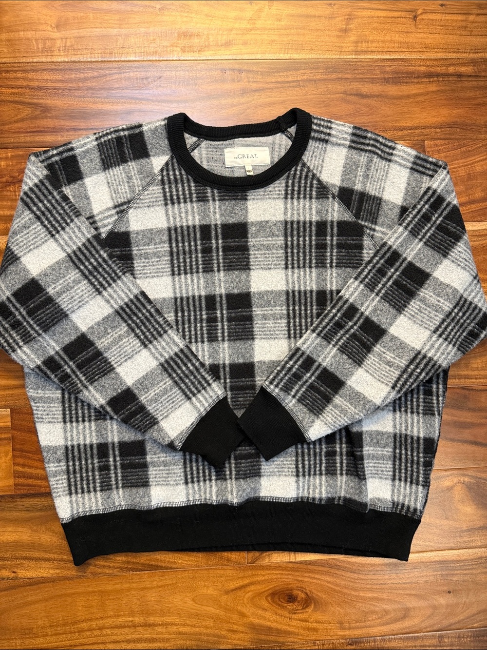 THE GREAT. Black & White Plaid Crewneck Sweatshirt, size 3/large